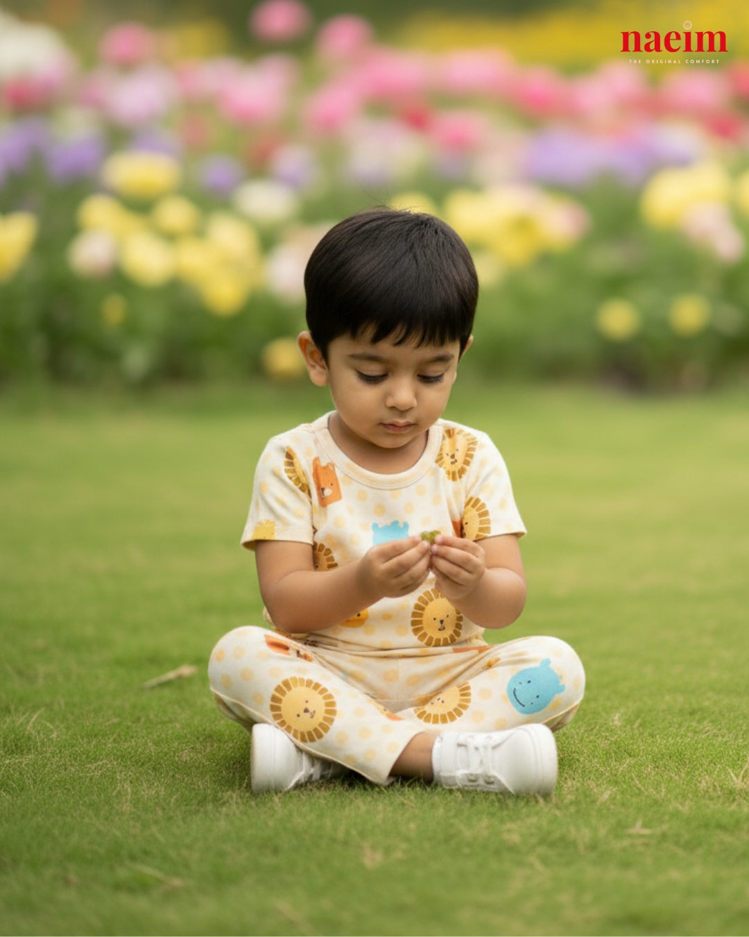 Child sitting on grass holding a blue object with flowers in the background