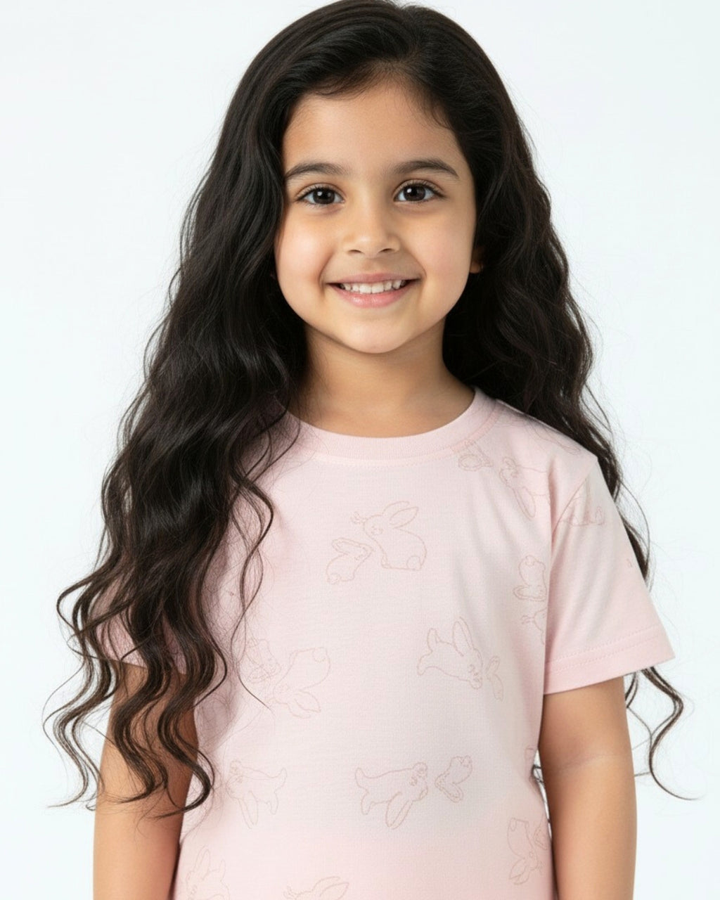 Young girl with long, wavy hair wearing a light pink shirt on a white background