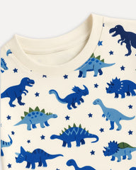 Children's outfit with blue dinosaur pattern on a white background
