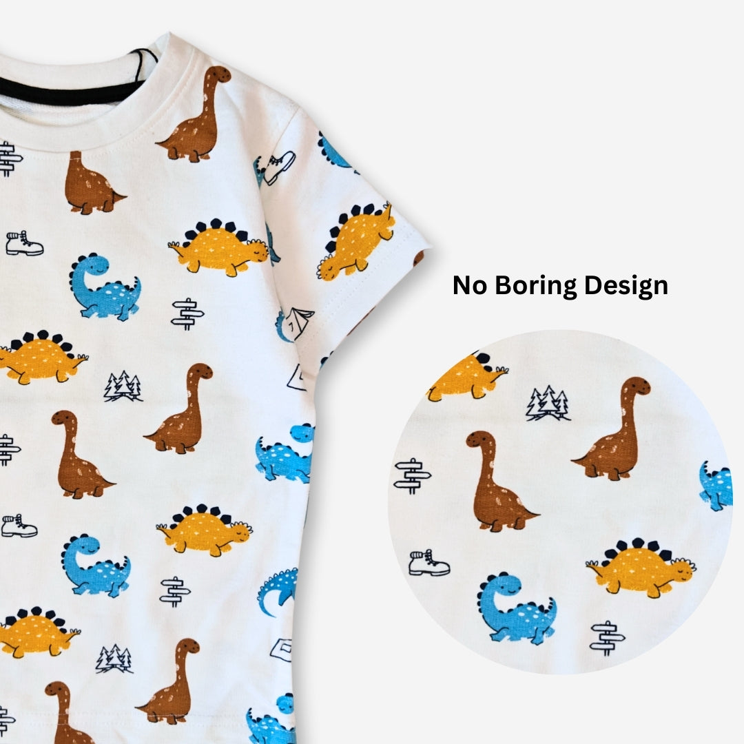 Kids' Co-ord Cotton T-Shirt & Shorts Set | Dino + Football All-Over Print Designs