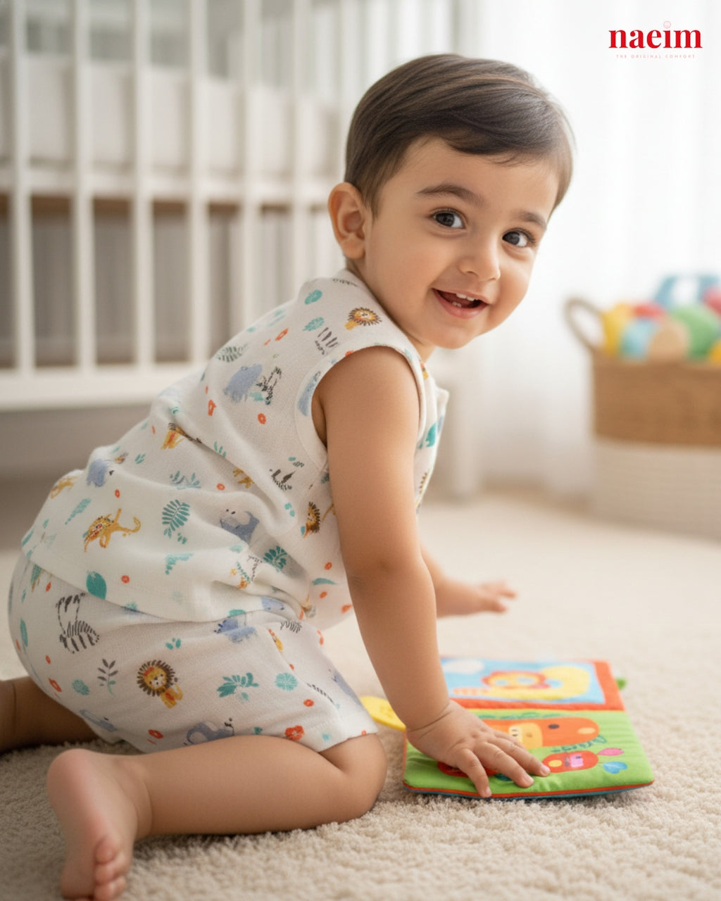 Child wearing a patterned muslin jabla short set sitting on the floor with a book