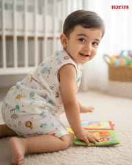 Child wearing a patterned muslin jabla short set sitting on the floor with a book
