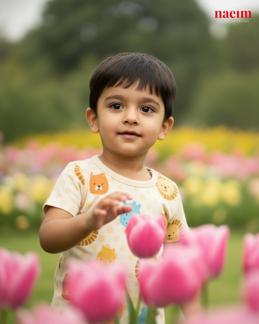 Child wearing night suit holding flowers in a field of pink tulips with a blurred background