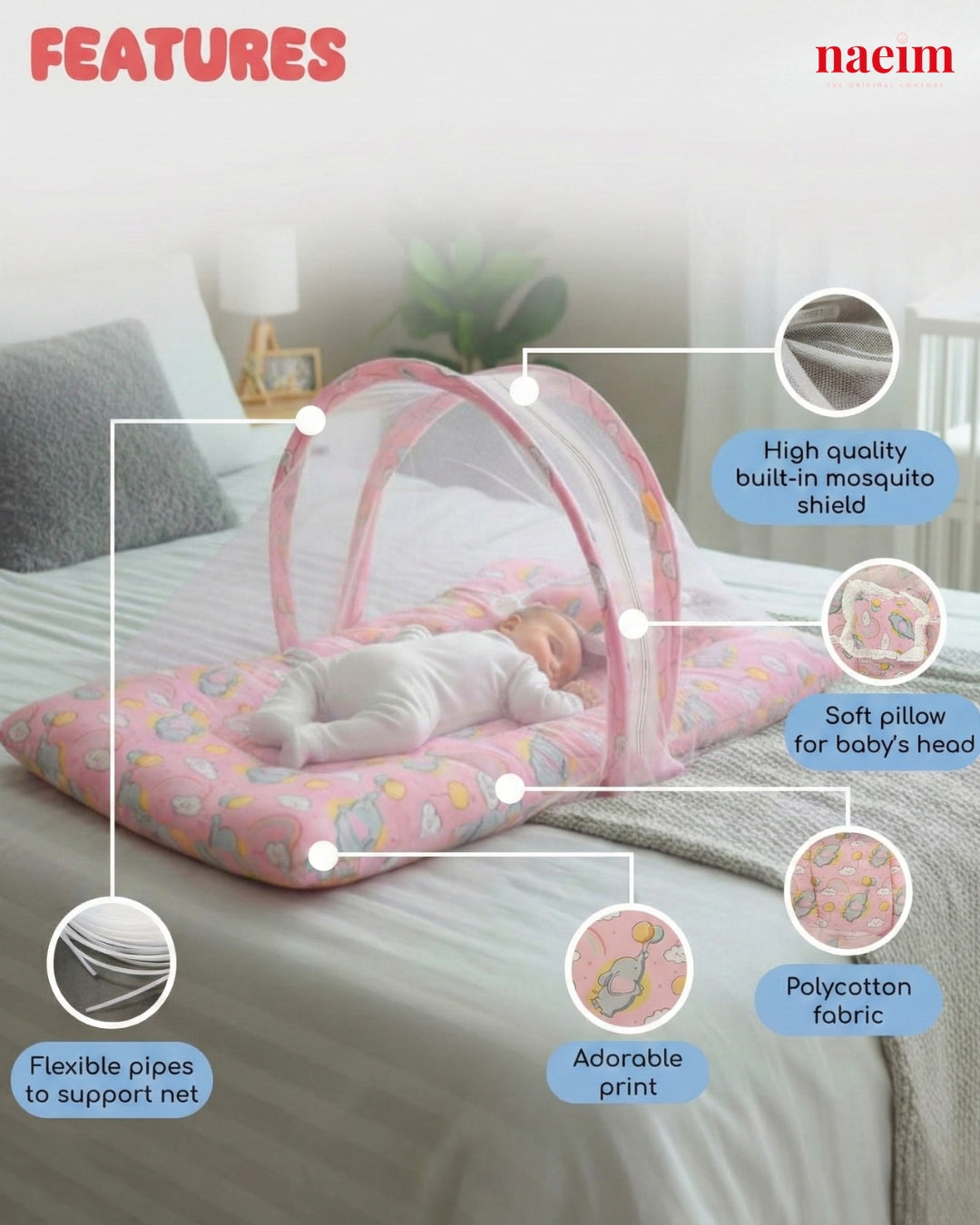 Baby Sleeping Bed with Mosquito Net | Soft Mattress for Infants