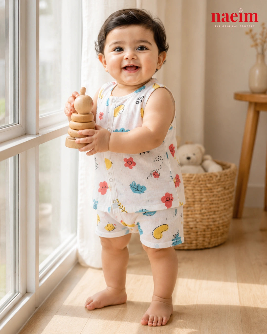 NAEIM Premium Cotton Muslin Jabla & Shorts Set – Floral Bean Print | Breathable All Season Baby Clothing