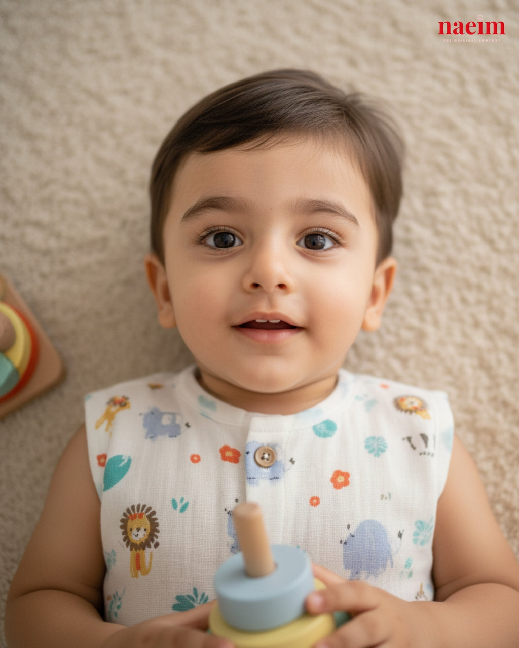Child weaing muslin jabla holding a toy with a neutral background