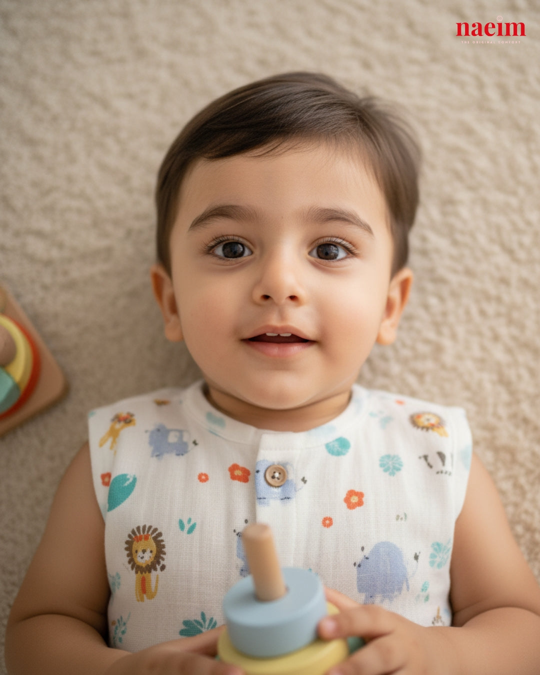 Child weaing muslin jabla holding a toy with a neutral background