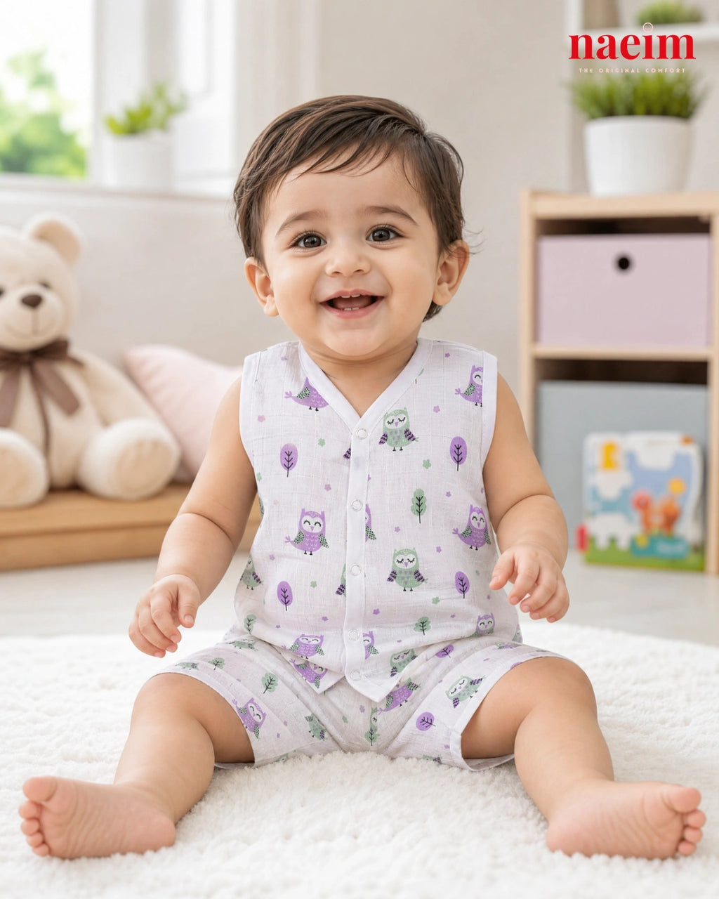 NAEIM Premium Muslin Jabla & Shorts Set – Lavender Owl Print | Cotton Baby Outfit | All Season Essential