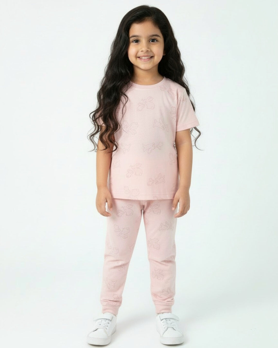 Young girl wearing a pink outfit on a white background