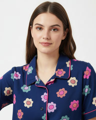 Midnight Bloom Pajama Set (Half-sleeve) | 200 GSM