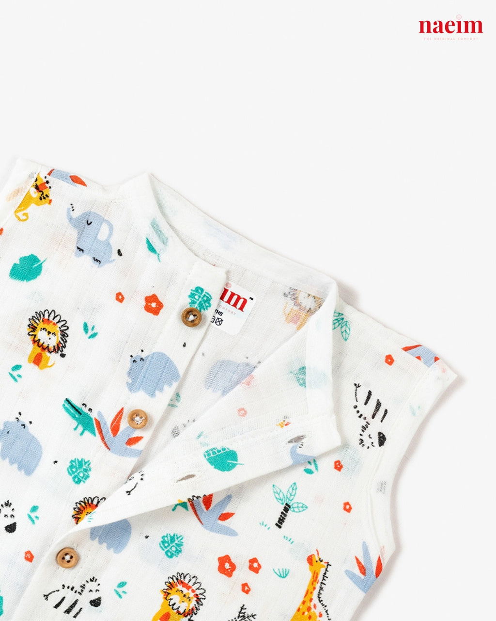 Baby muslin jabla with animal pattern on a white background, featuring the brand 'naeim'.