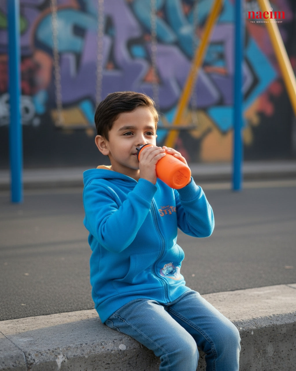 Child in a blue hoodie drinking from an orange cup on a playground with graffiti in the background
