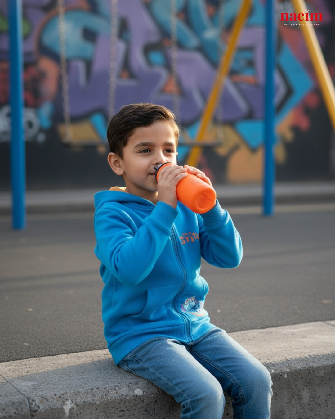Child in a blue hoodie drinking from an orange cup on a playground with graffiti in the background