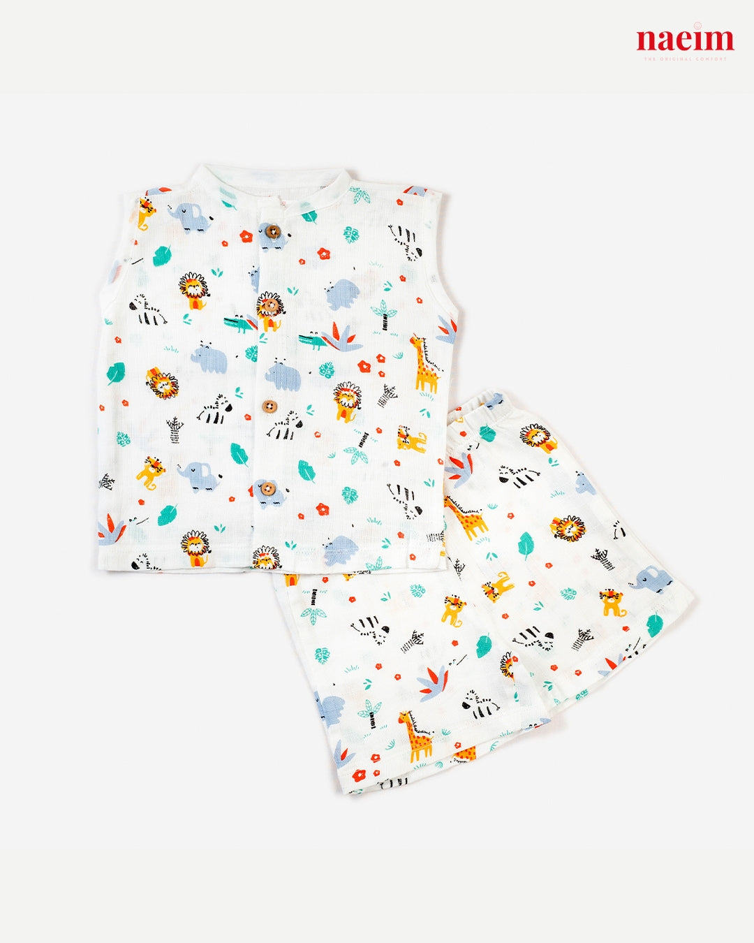 Children's sleeveless muslin jabla top and muslin shorts set with animal pattern on a white background, featuring the brand 'naeim'.