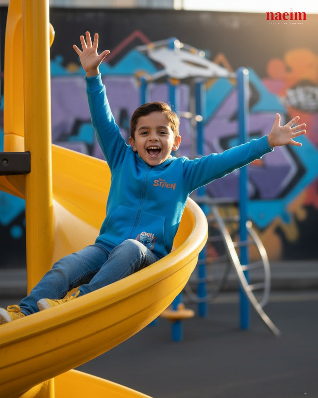 Child in a blue sweatshirt sliding down a yellow slide at a playground with colorful graffiti in the background.