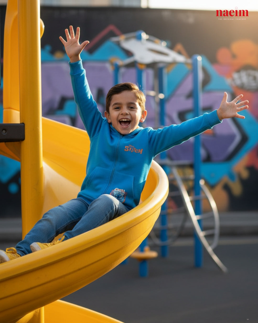 Child in a blue sweatshirt sliding down a yellow slide at a playground with colorful graffiti in the background.