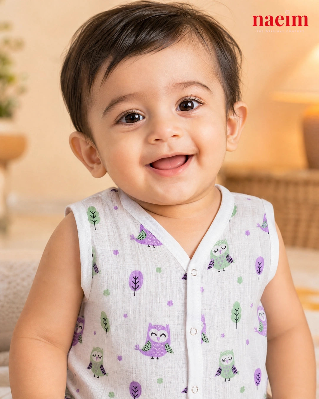 NAEIM Premium Muslin Jabla & Shorts Set – Lavender Owl Print | Cotton Baby Outfit | All Season Essential