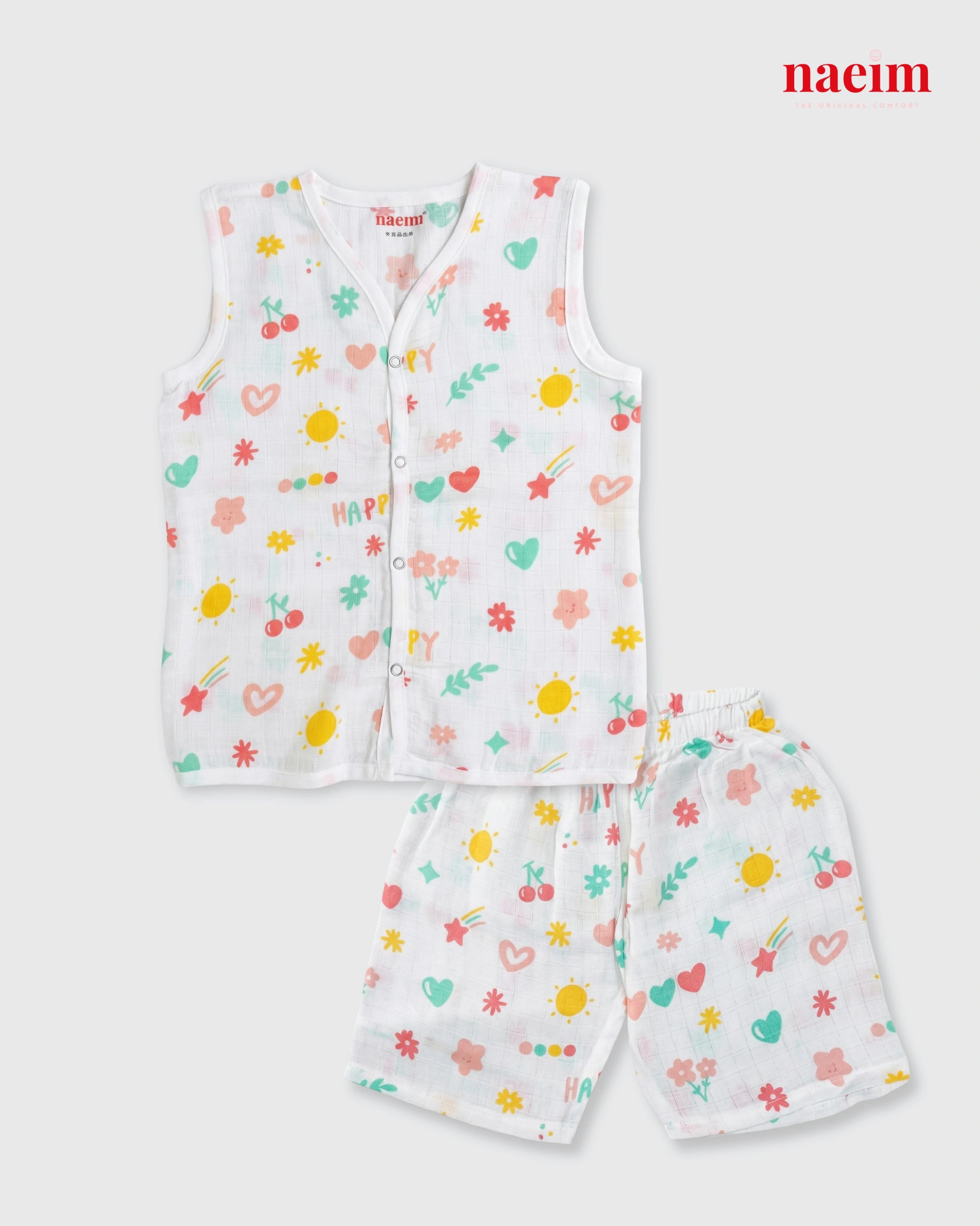 Muslin Sleeveless Jabla & Shorts Set - Playful Multi-Icon Print - Happy Summer