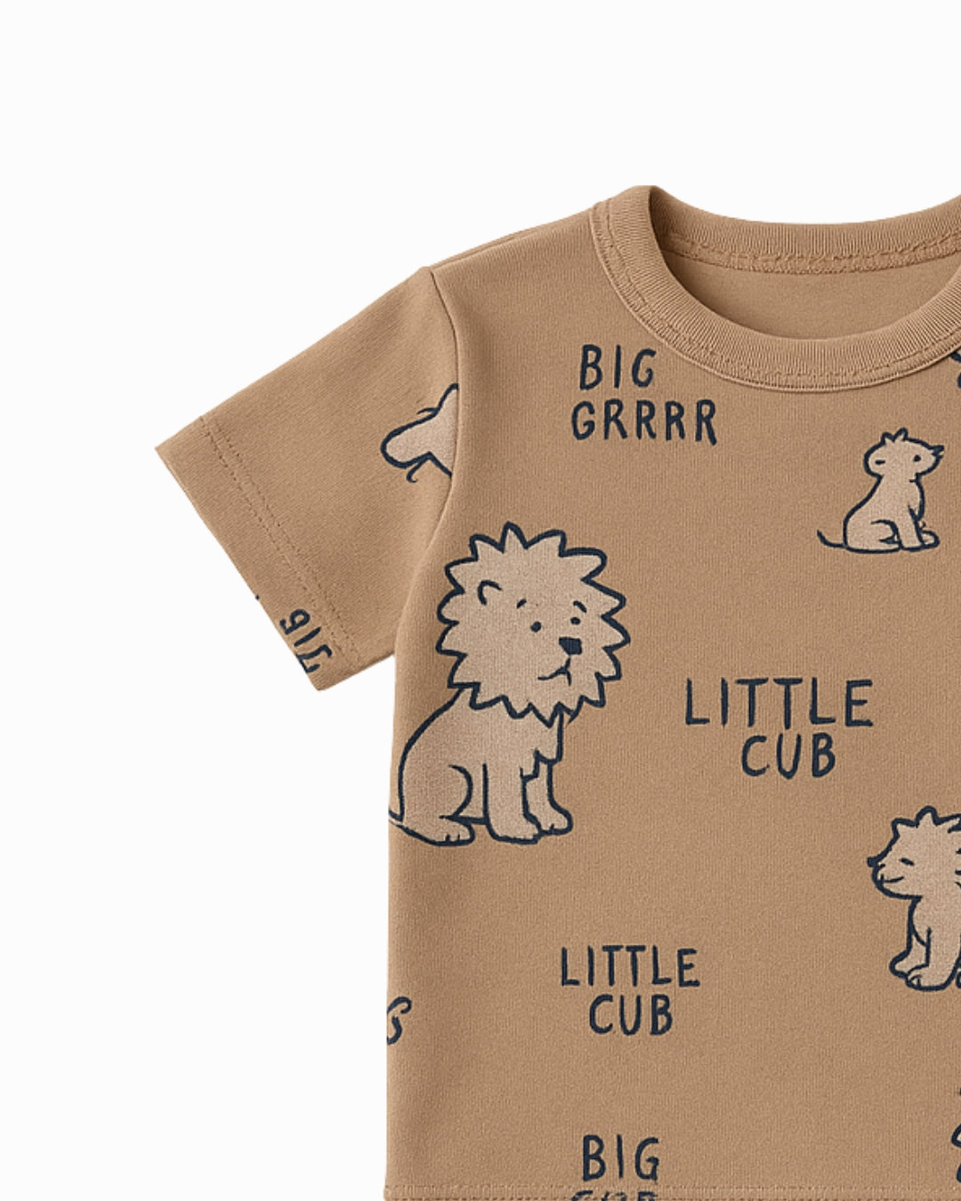 Children's t-shirt with lion graphics and text on a beige background