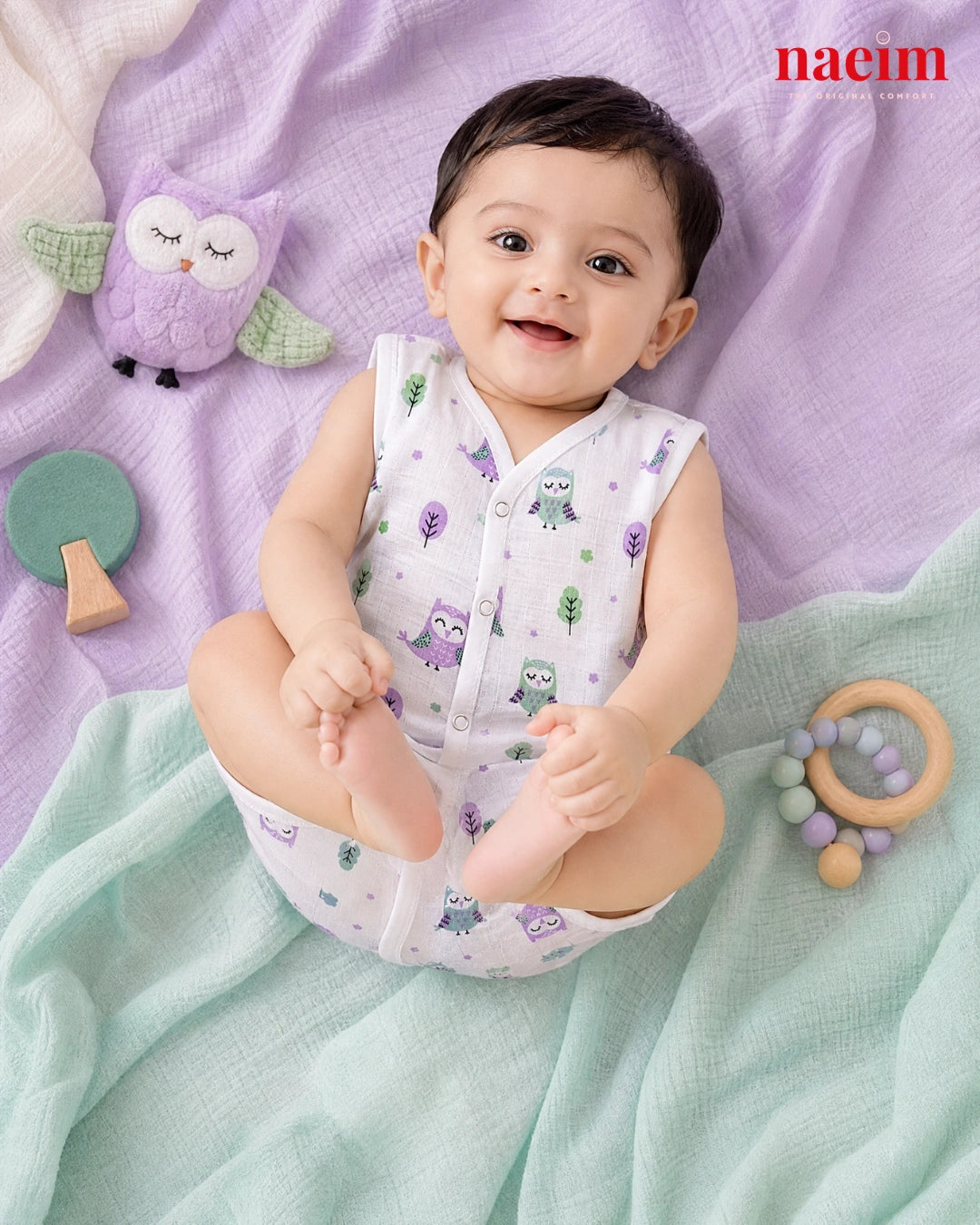 NAEIM Premium Muslin Jabla & Shorts Set – Lavender Owl Print | Cotton Baby Outfit | All Season Essential