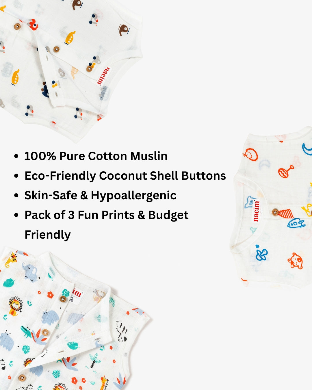 Organic Muslin Jabla Set for Babies – Pack of 3 | Newborn to 24 Months | Soft Cotton Vest, Front Open