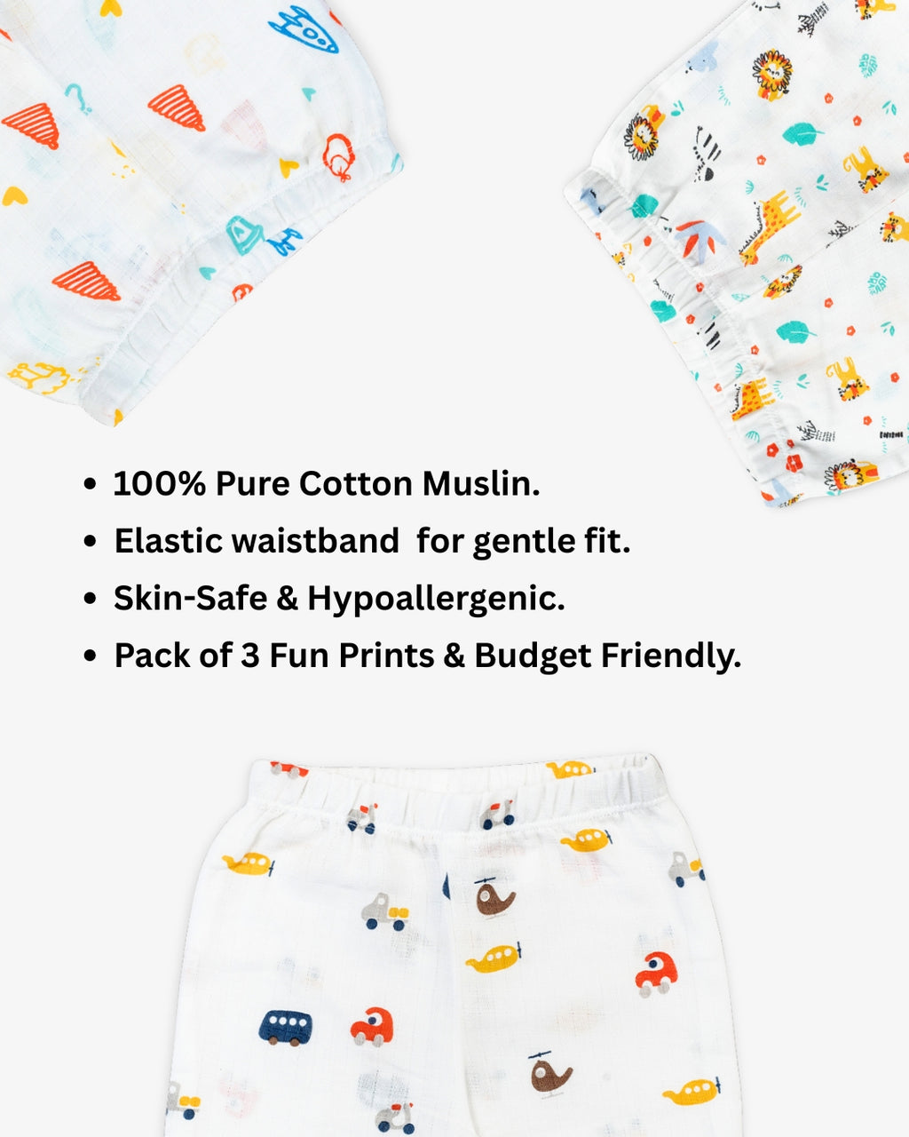 Baby short with colorful prints on a white background, featuring text about product features.