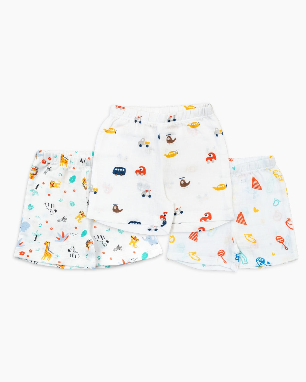 Set of baby hats with colorful animal patterns on a white background