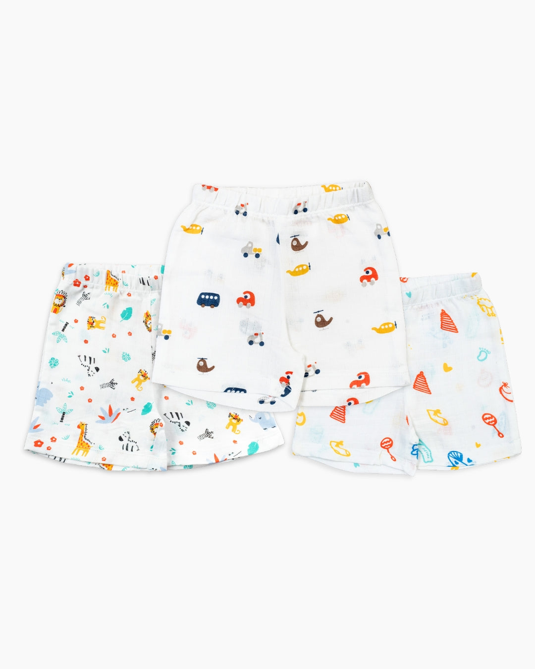 Set of baby hats with colorful animal patterns on a white background