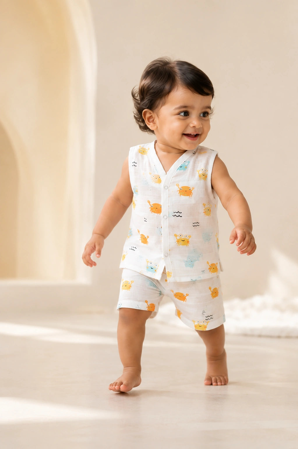 NAEIM Premium Muslin Jabla & Shorts Set for Babies – Cute Crab Print