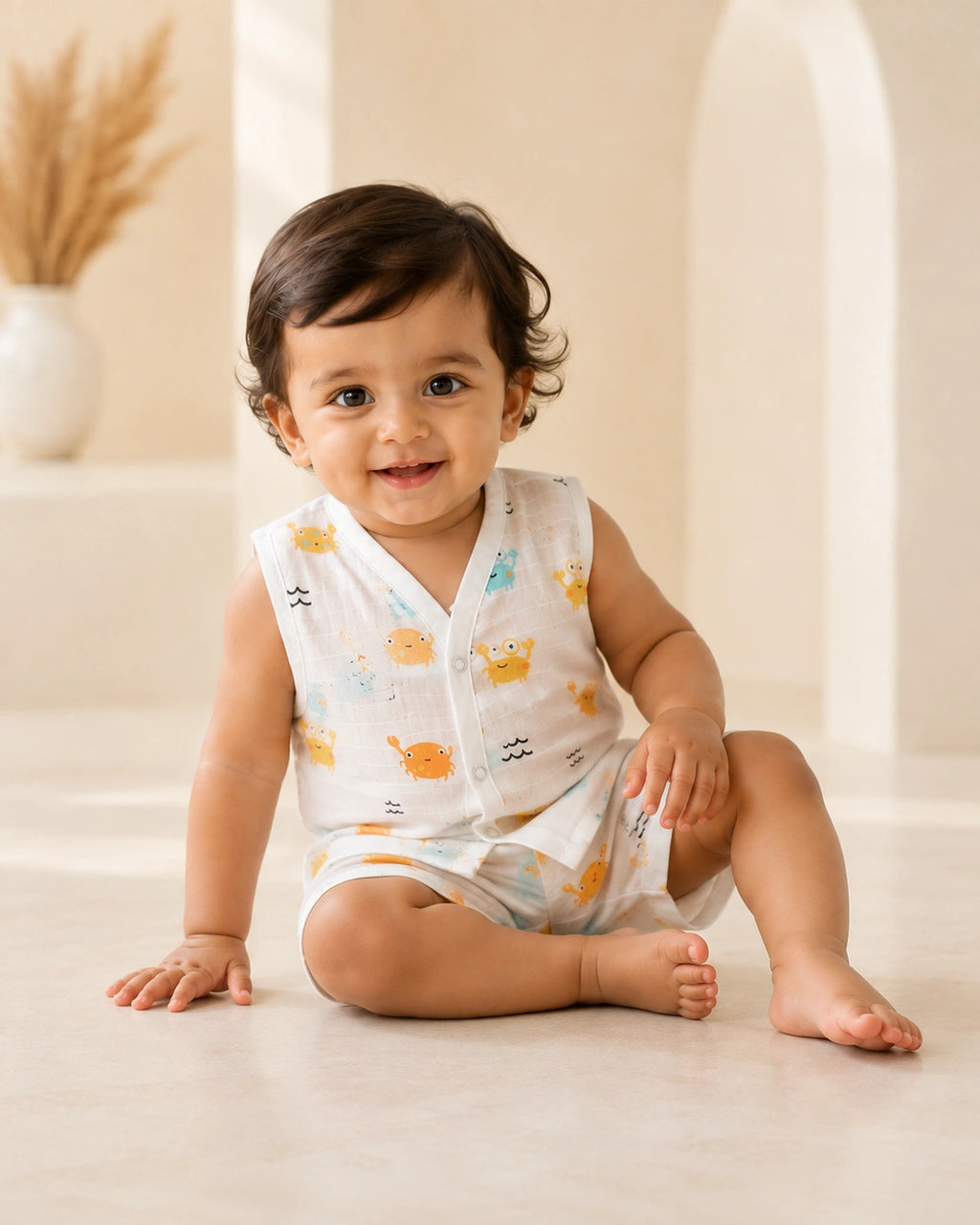 NAEIM Premium Muslin Jabla & Shorts Set for Babies – Cute Crab Print