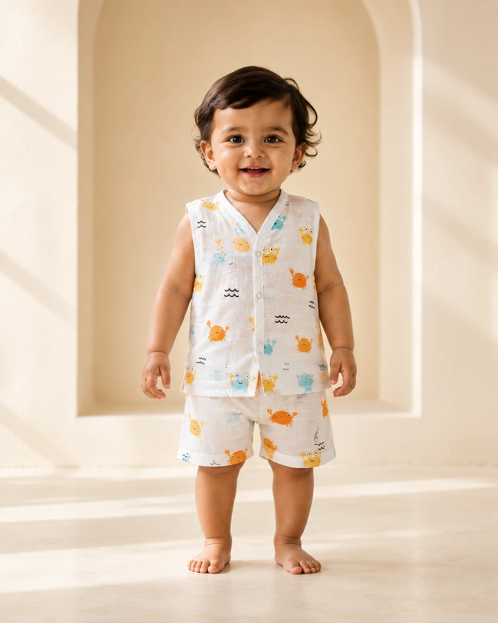 NAEIM Premium Muslin Jabla & Shorts Set for Babies – Cute Crab Print