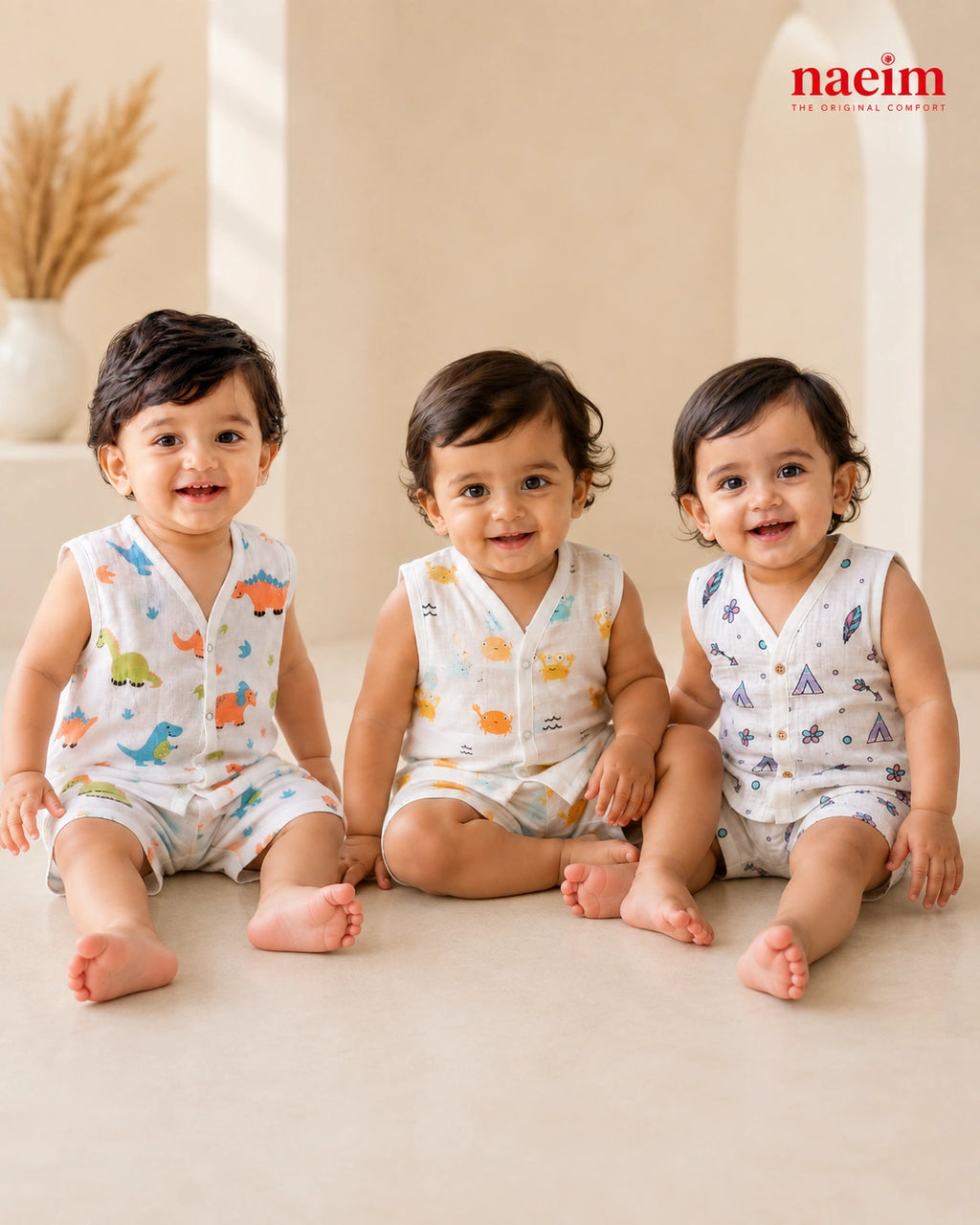 Pack of 3 Premium Muslin Jabla & Shorts Set for Babies | Soft Breathable Cotton Baby Clothing | NAEIM