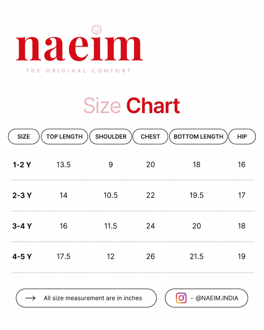 A size chart graphic for Naeim, showing measurements in inches for size 1-2 Y, 2-3 Y, 3-4 Y, and 4-5 Y, with the Naeim logo at the top and social handle @NAEIM.in at the bottom.