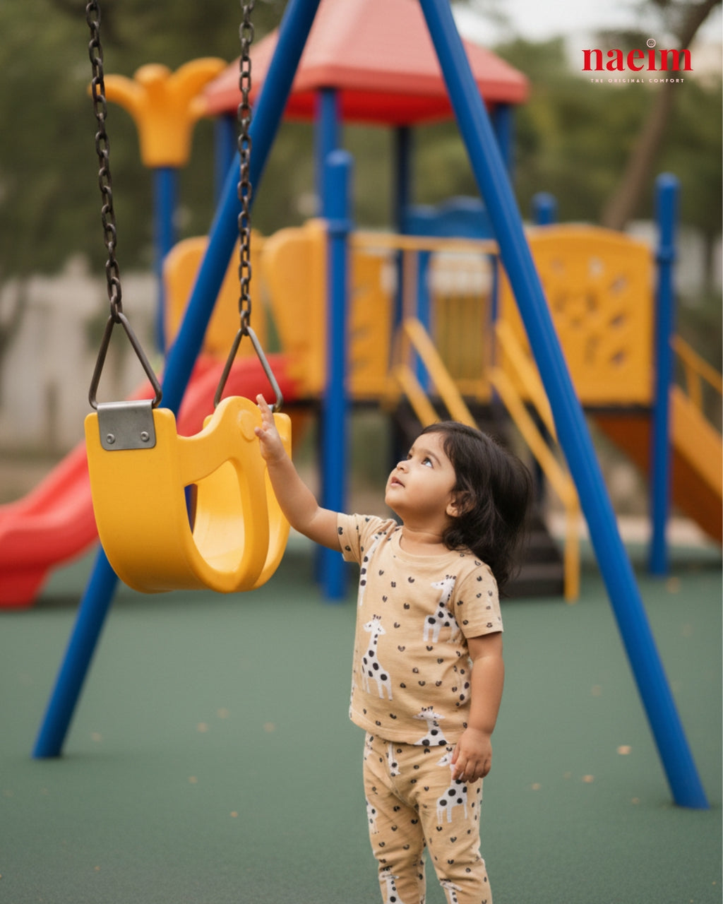 Child playing on a swing set at a playground with colorful equipment.