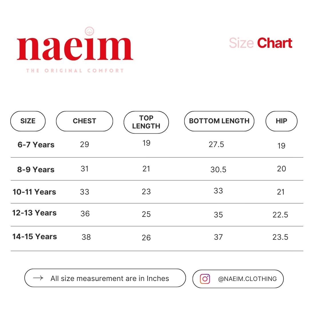 Naeim size chart for children's clothing with measurements in inches.