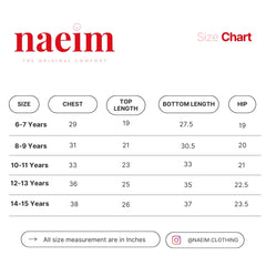 Naeim size chart for children's clothing with measurements in inches.