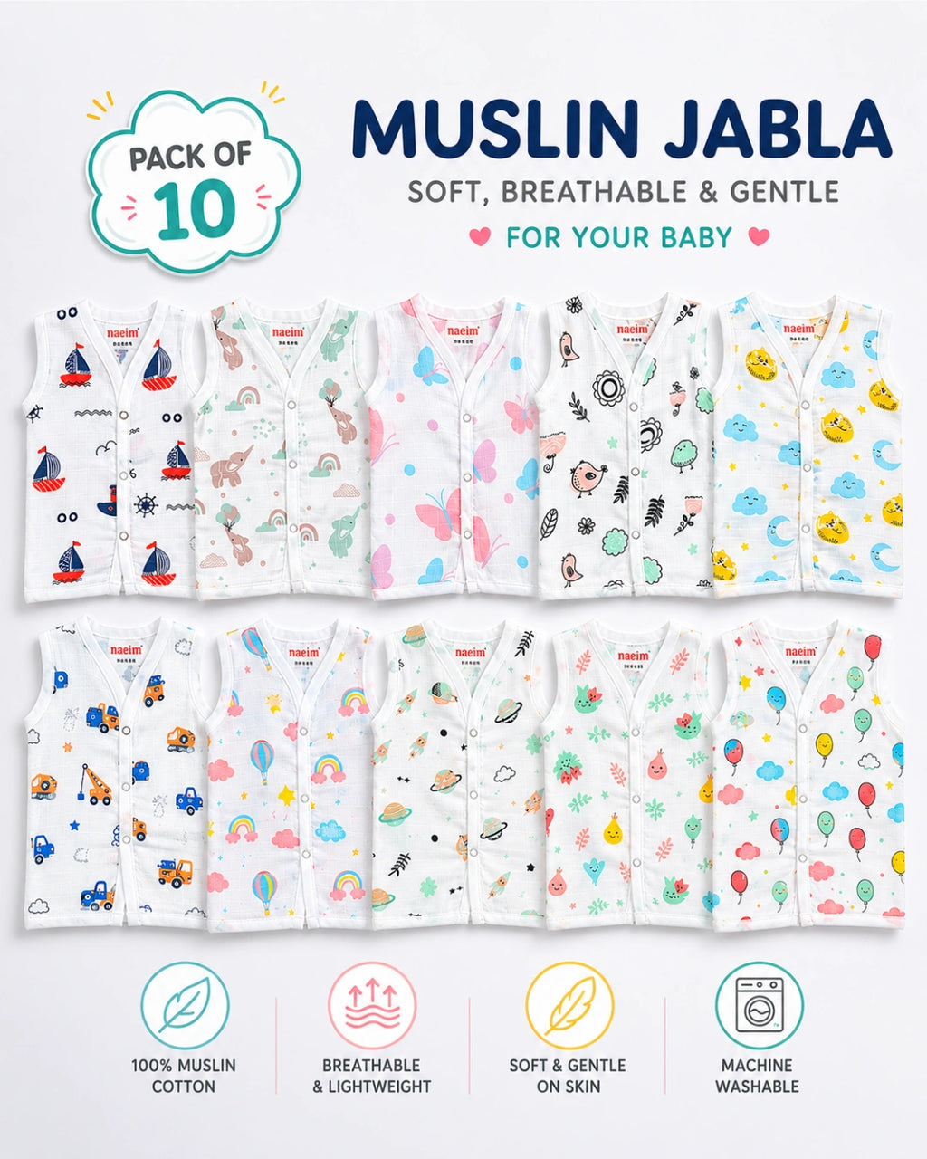 Naeim Pack of 10 Premium Muslin Sleeveless Jablas - Assorted Breathable Summer Vests for Kids