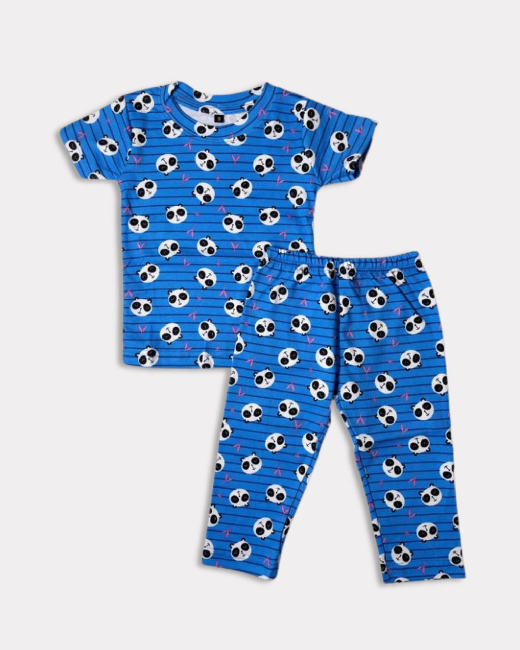 Blue pajama set with panda pattern on a white background