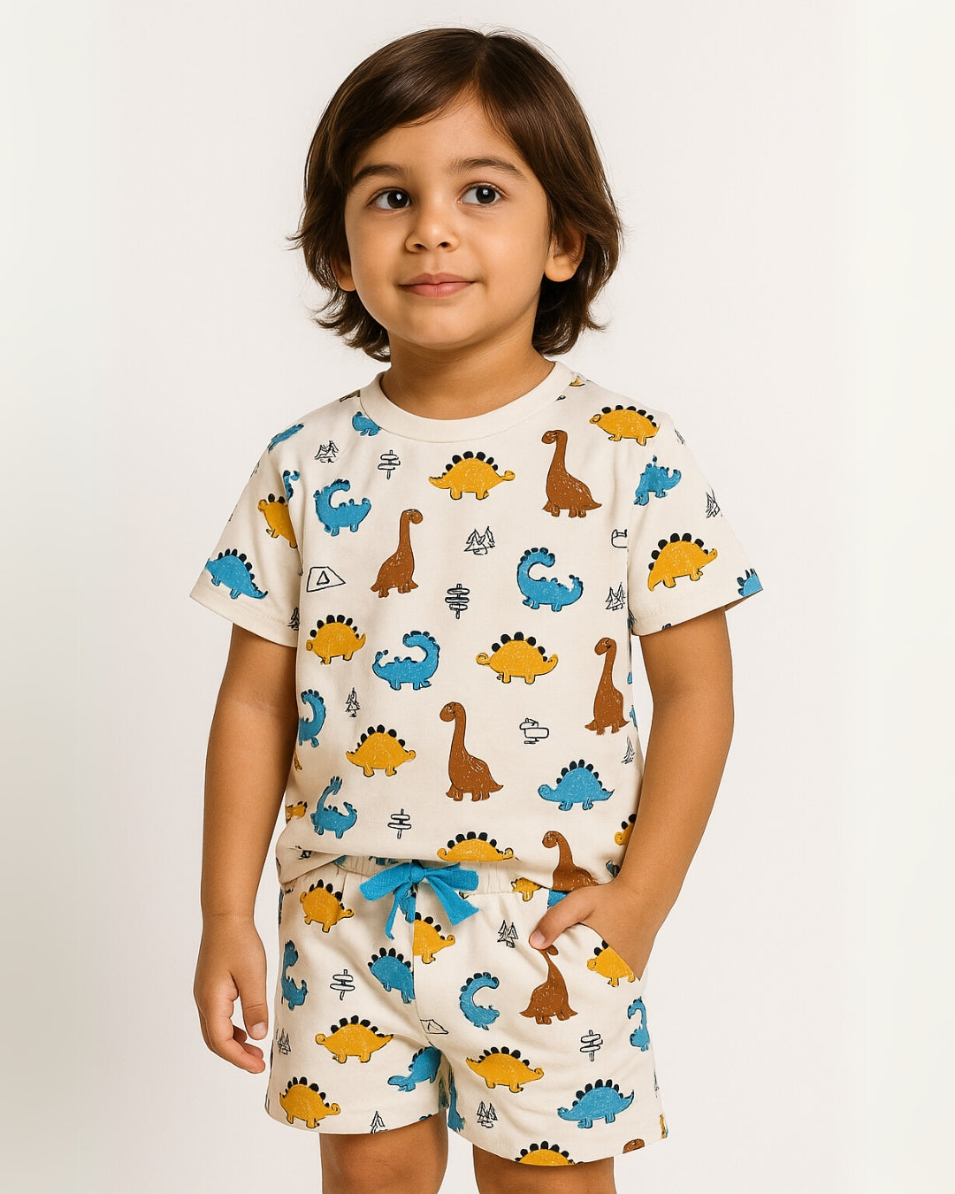 A child wearing a white cotton t-shirt with a dino all-over print and matching shorts, standing against a plain background.