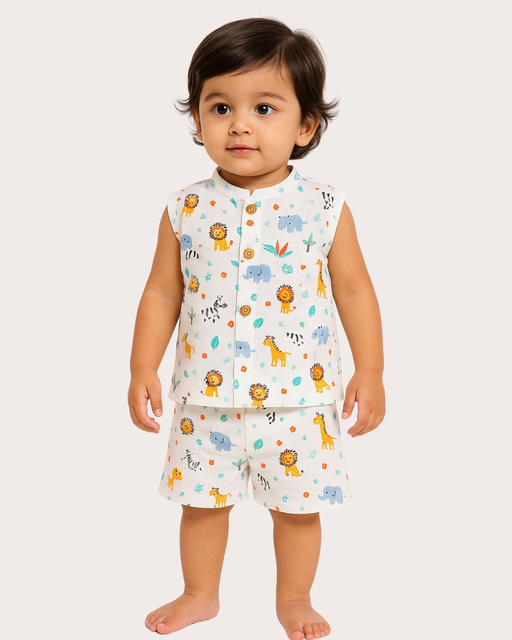 Child wearing a sleeveless shirt and shorts set with animal prints on a plain background