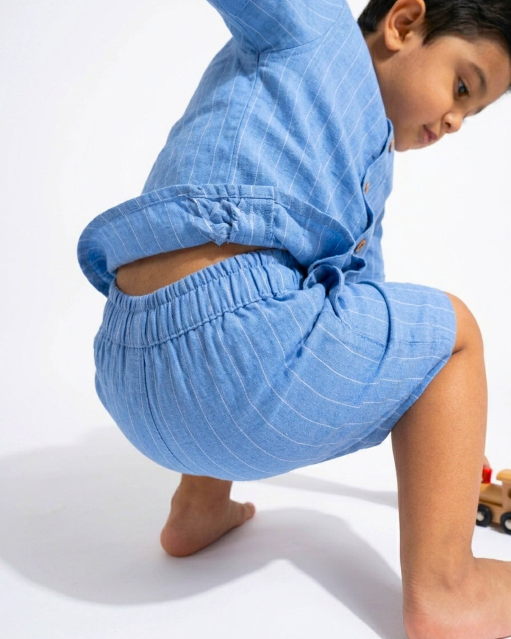 Boys Blue Pinstripe Cotton Shirt and Shorts Co-ord Set – Mandarin Collar