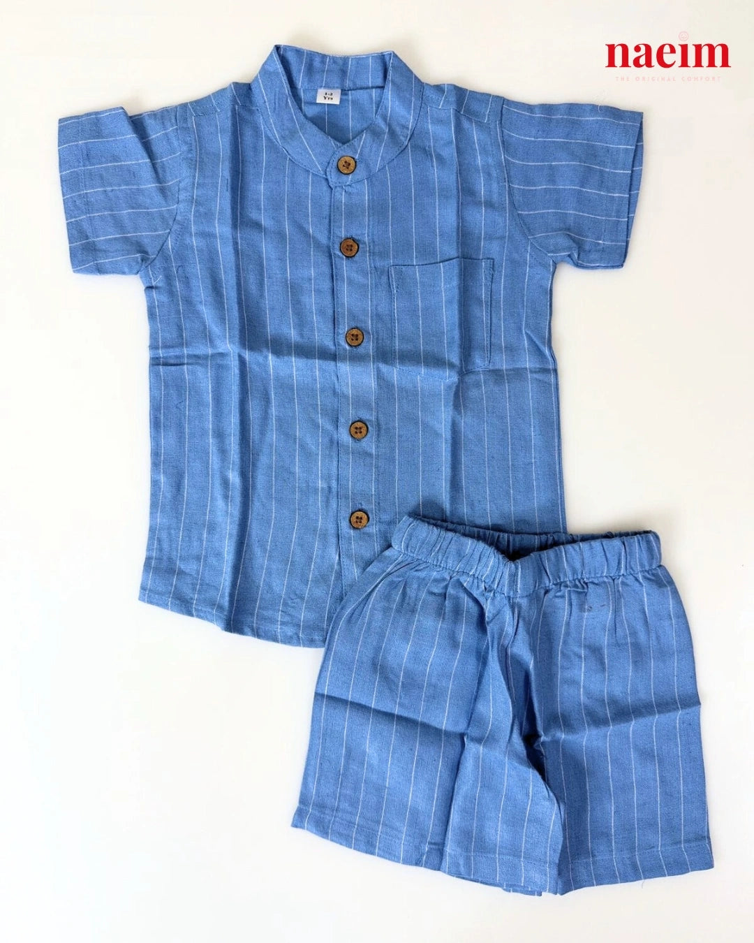Boys Blue Pinstripe Cotton Shirt and Shorts Co-ord Set – Mandarin Collar