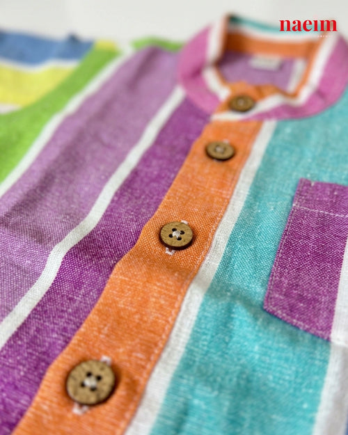 Boys Multi-Color Vertical Stripe Cotton Shirt and White Shorts Co-ord Set