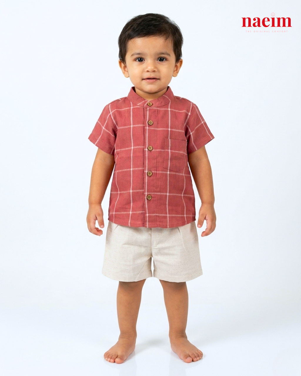Boys Rust Red Windowpane Check Shirt and Beige Cotton Shorts Co-ord Set