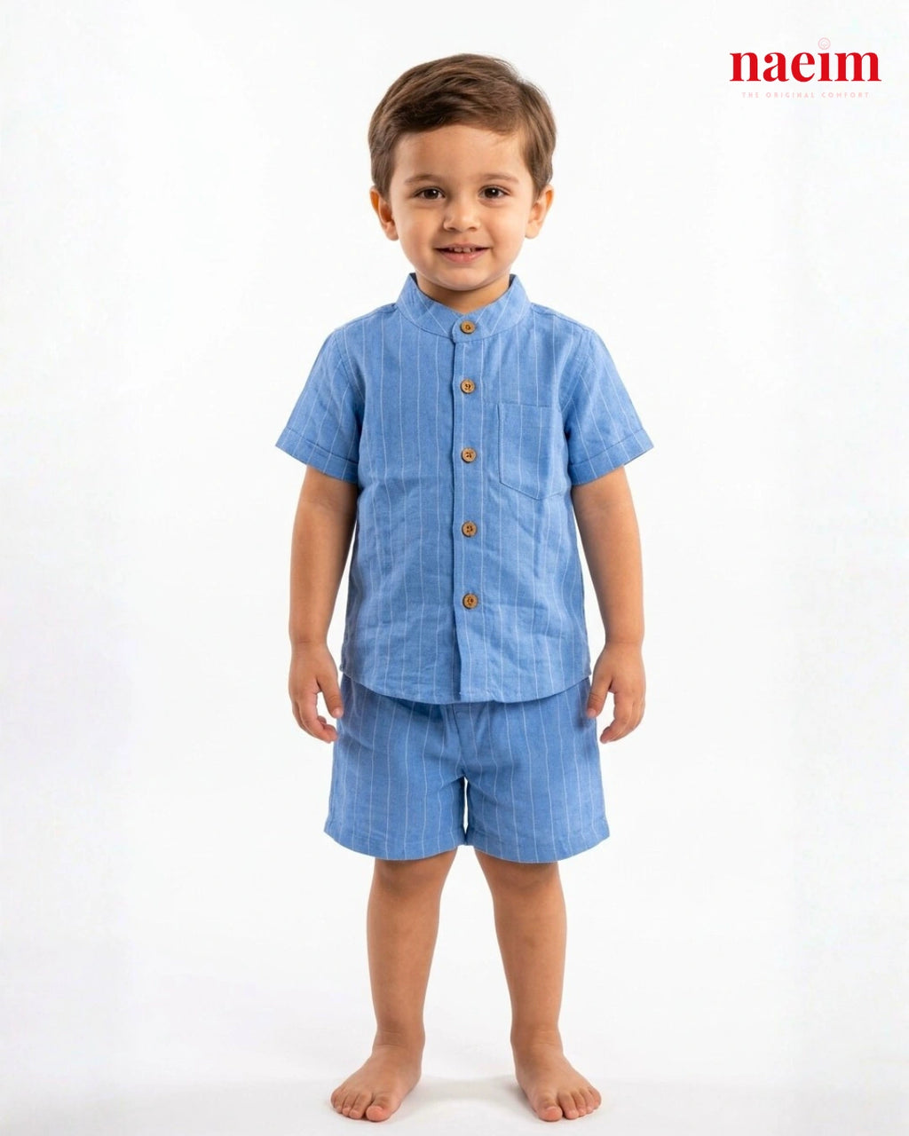 Boys Blue Pinstripe Cotton Shirt and Shorts Co-ord Set – Mandarin Collar