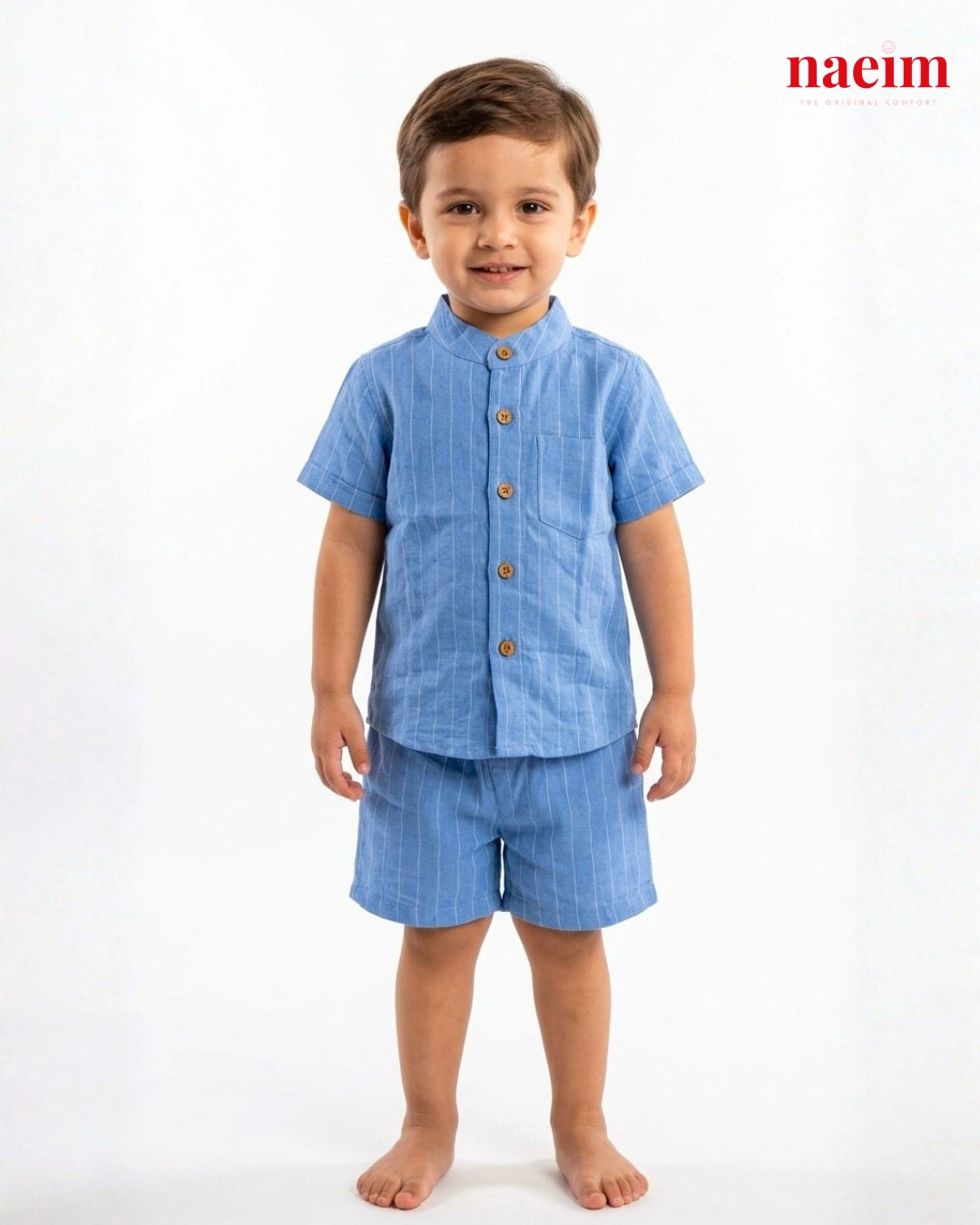 Boys Blue Pinstripe Cotton Shirt and Shorts Co-ord Set – Mandarin Collar