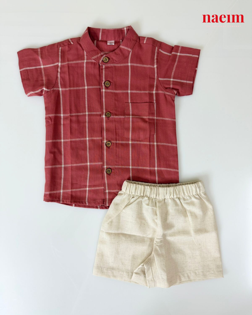 Boys Rust Red Windowpane Check Shirt and Beige Cotton Shorts Co-ord Set
