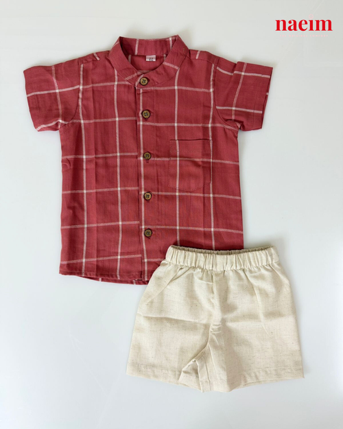 Boys Rust Red Windowpane Check Shirt and Beige Cotton Shorts Co-ord Set