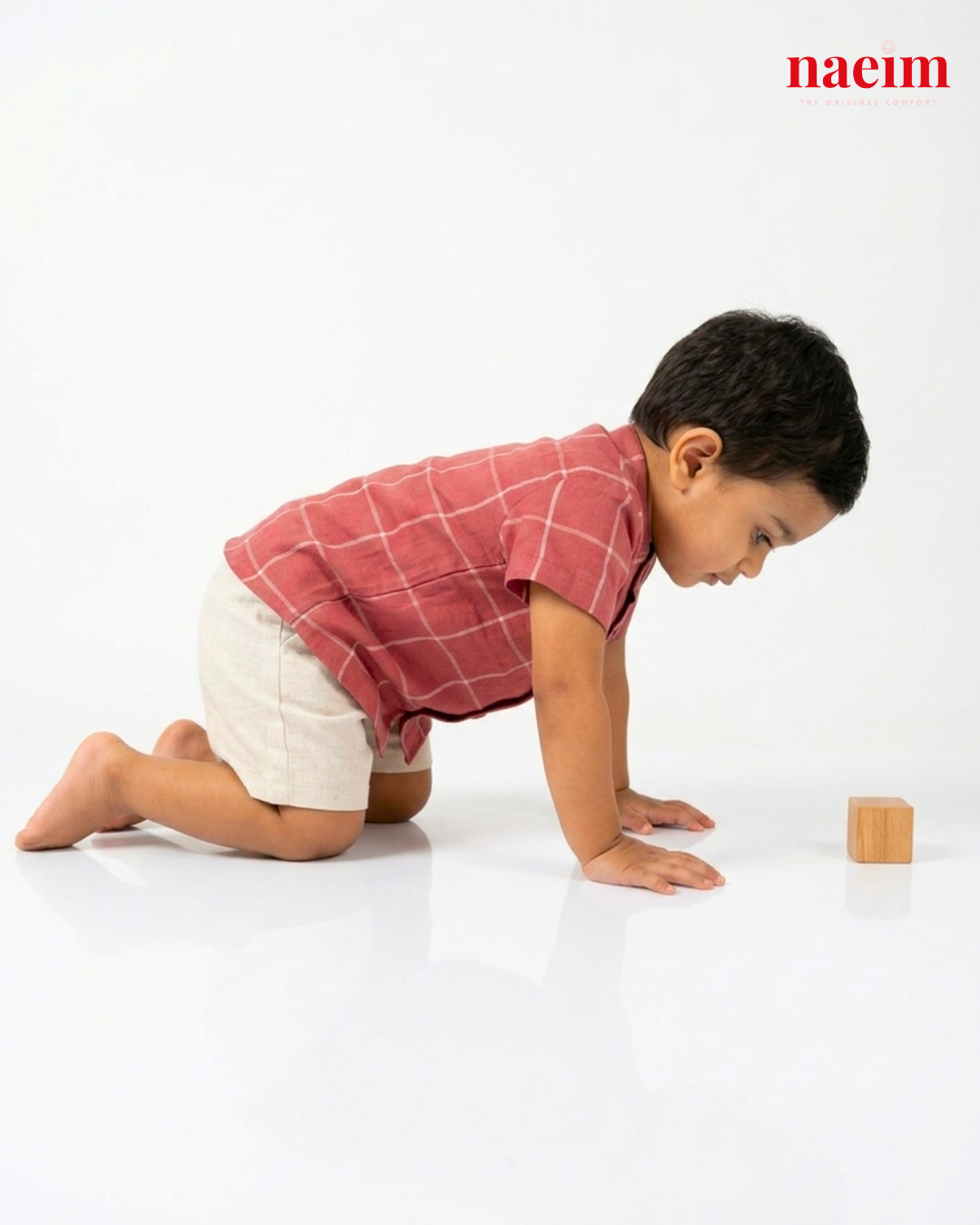 Boys Rust Red Windowpane Check Shirt and Beige Cotton Shorts Co-ord Set