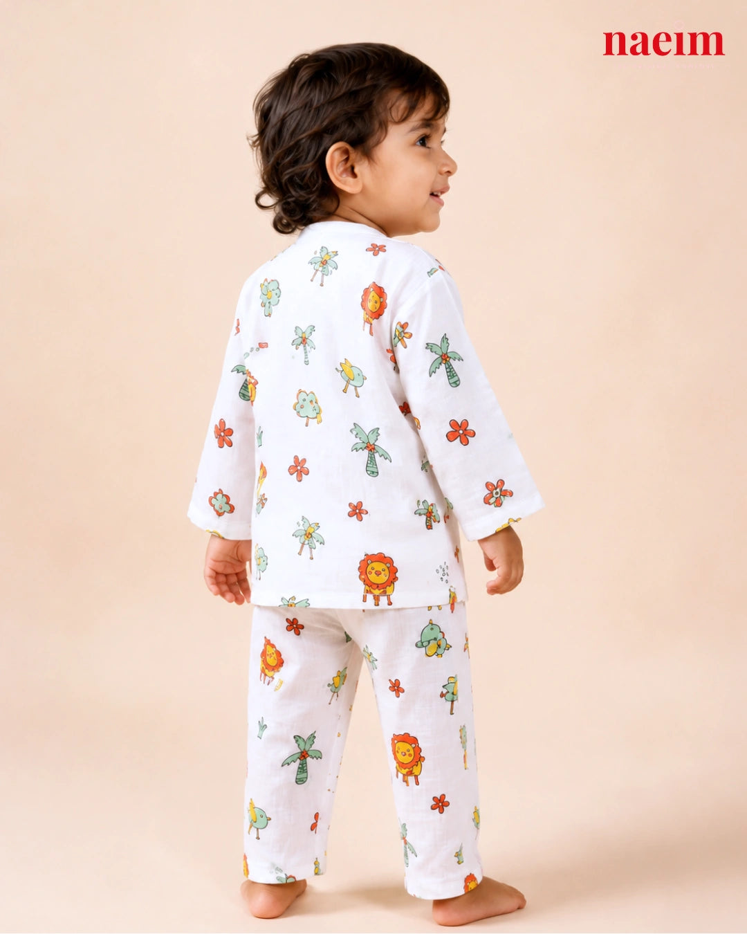 Muslin Full Sleeve Night Suit Set for Babies – Jungle Friends Print | 100% Cotton Muslin Pajama Set | Soft All-Season Sleepwear